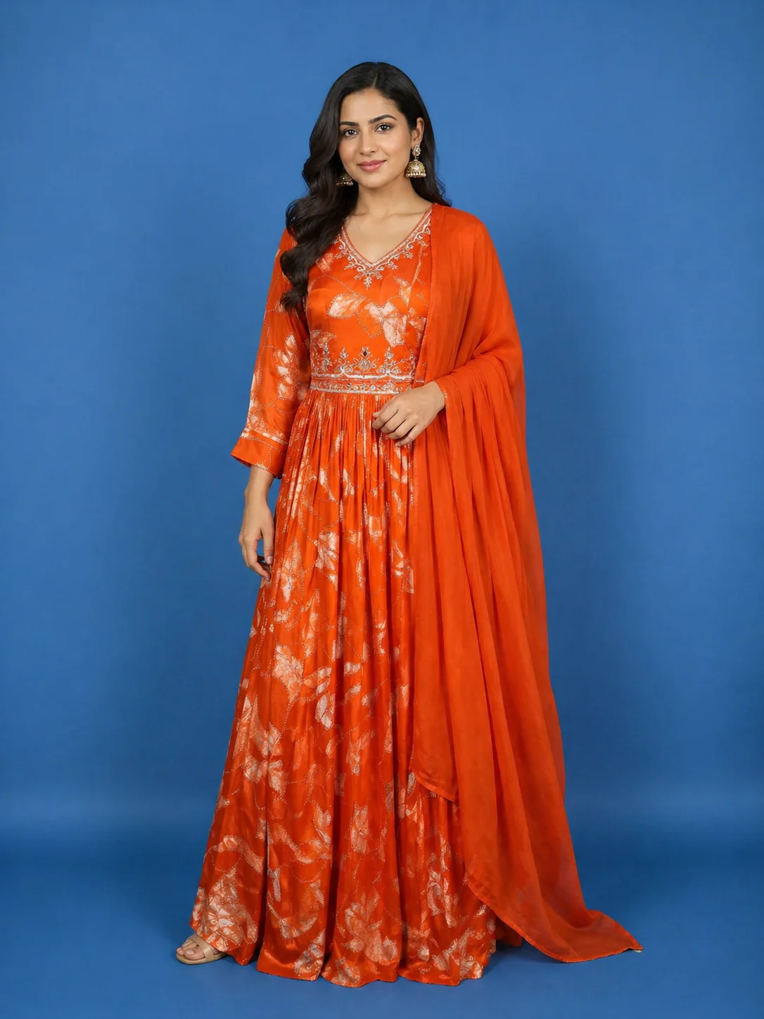 Orange Floral Embroidery Crepe Gown